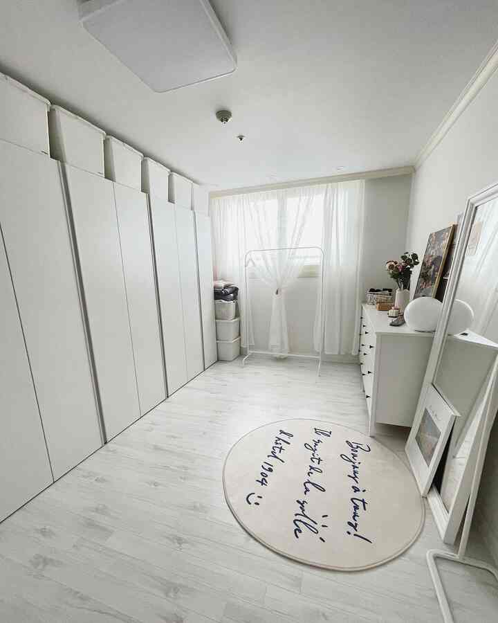 White-toned storage room featuring built-in closets and dresser, arranged neatly with natural color accents