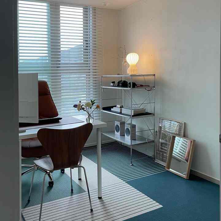 White-walled study home office with brown chairs on green-blue striped rug flooring, featuring shelving and desk setup