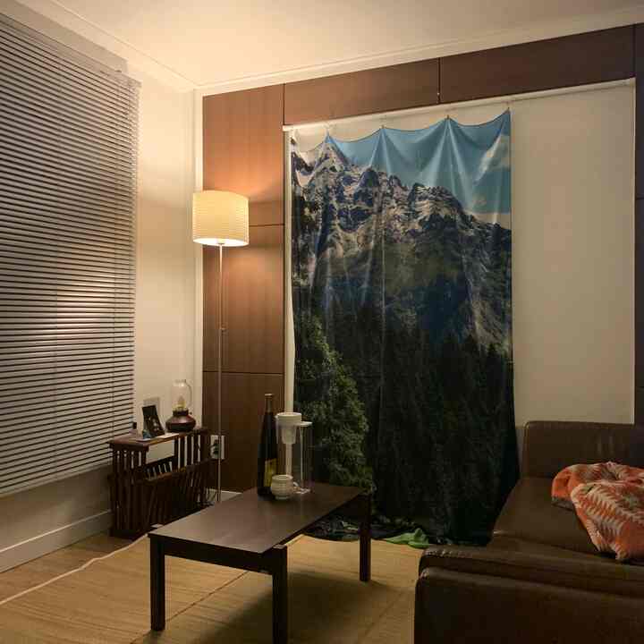 Living room with brown and wood tones featuring a nature view curtain and floor lamp creating a warm atmosphere