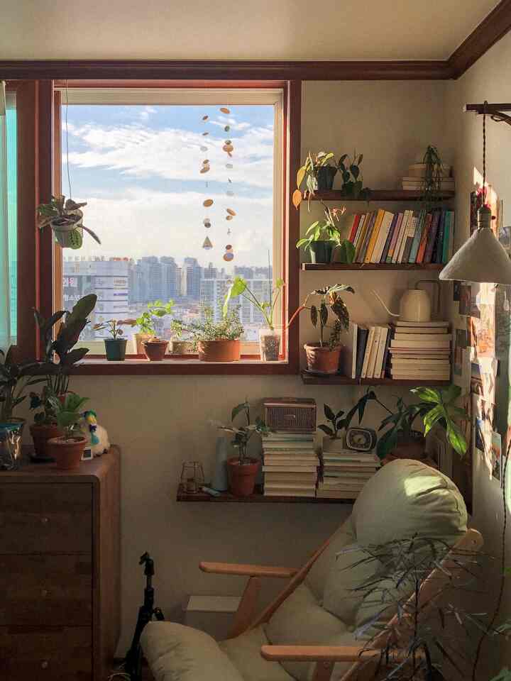 Brown wood tones and ivory walls in a studio apartment featuring a foldable recliner, bookshelves, and various plants creating a cozy atmosphere