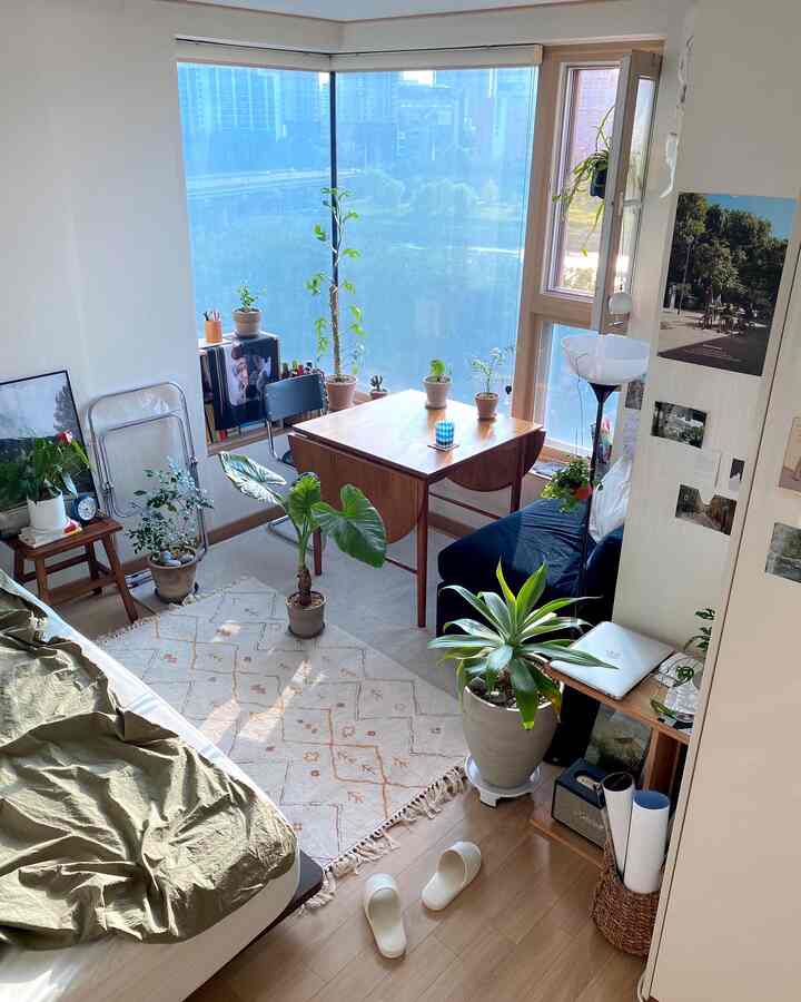 ナチュラルな色調のコンパクトなベランダ空間、木製テーブルと多様な植物が配置された居心地の良い一人暮らしのリビング