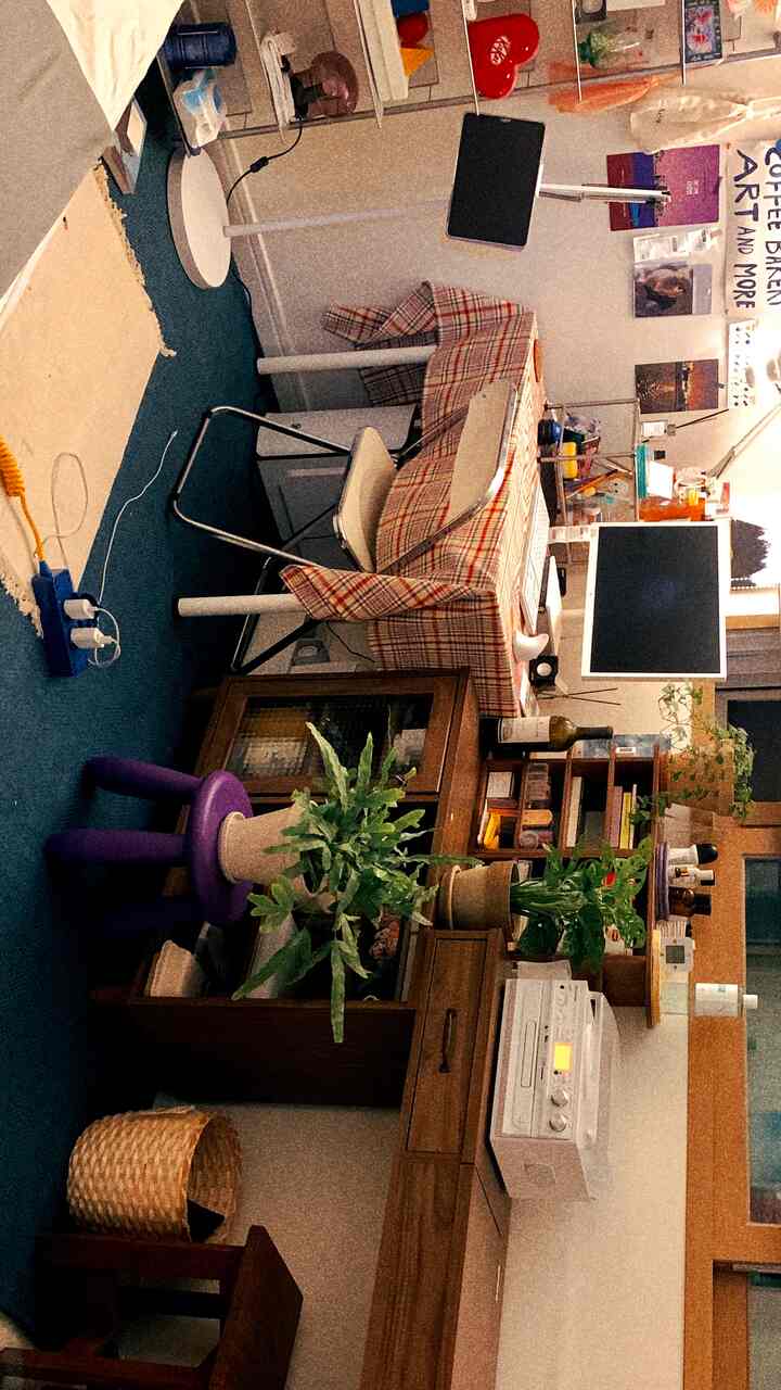 Cozy compact living room and home office in warm natural tones, featuring a dining table, desk, and indoor plants