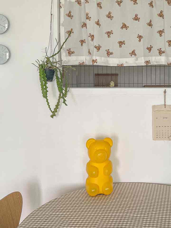 Kitchen space with white walls and beige checkered tablecloth, featuring hanging plant and teddy bear patterned curtain