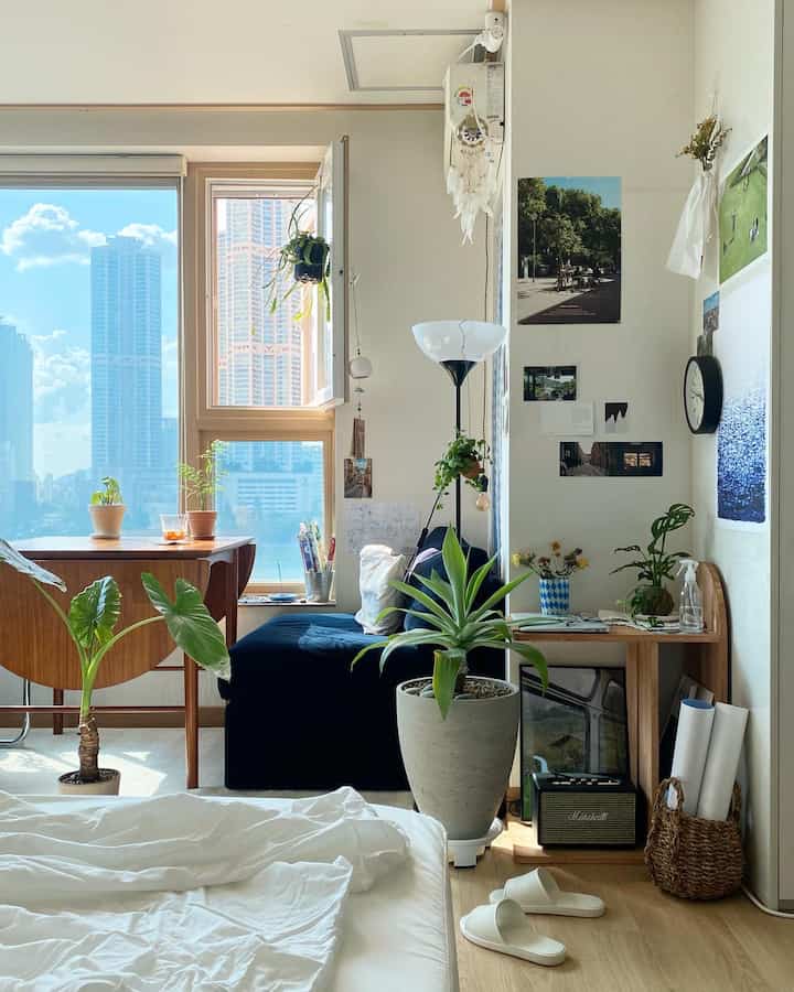 Wood tones and blue accents define this compact living room studio featuring plants and a floor lamp, creating a cozy atmosphere