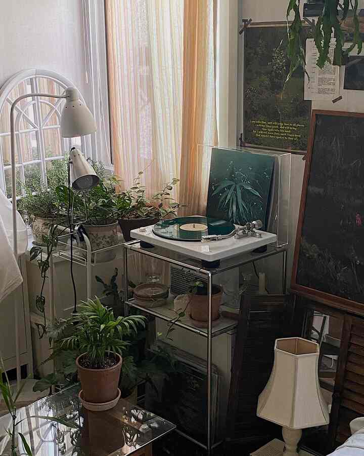ホワイトと木目調が調和した小さなヴィンテージ風ワンルーム、ターンテーブルと多くの植物が配置されたプランテリア空間