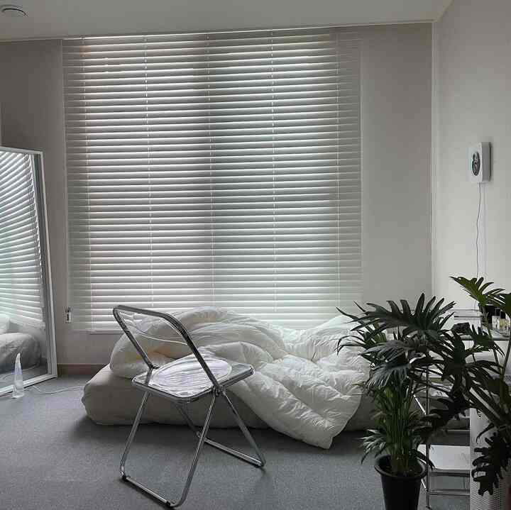 White and gray toned bedroom featuring a transparent chair, large blinds, and plants in a clean modern space