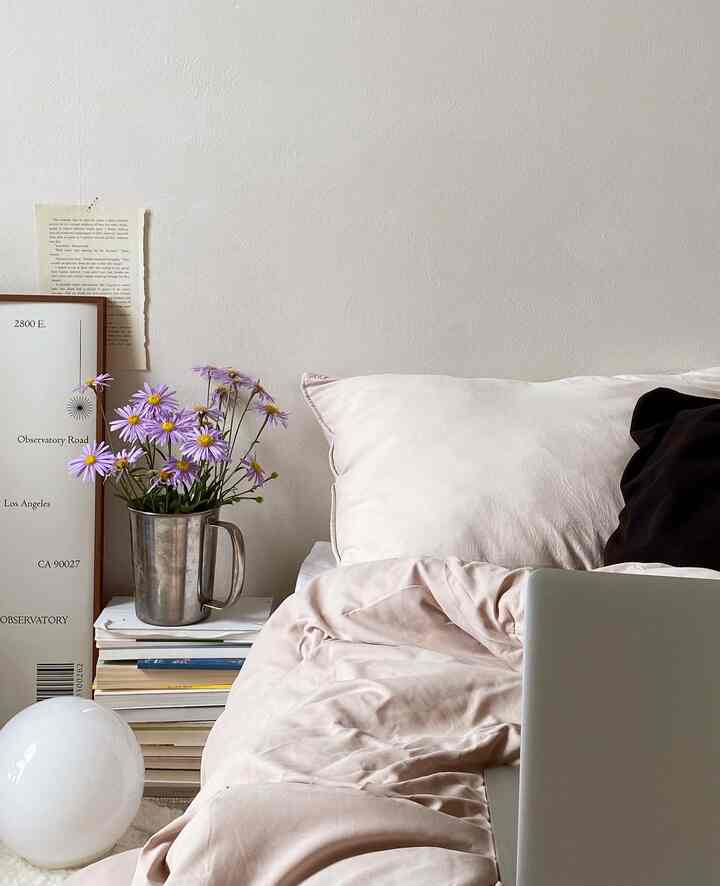 Beige-toned cozy bedroom featuring a bed with pillows and cushions, complemented by a flower vase