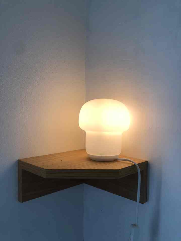 Cozy corner space featuring warm white light and wood tone corner shelf