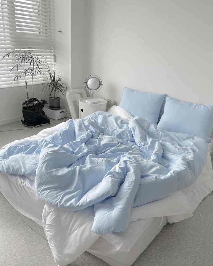 Bright blue bedding and pillows in a white bedroom, complemented by natural light and plants creating a cozy atmosphere