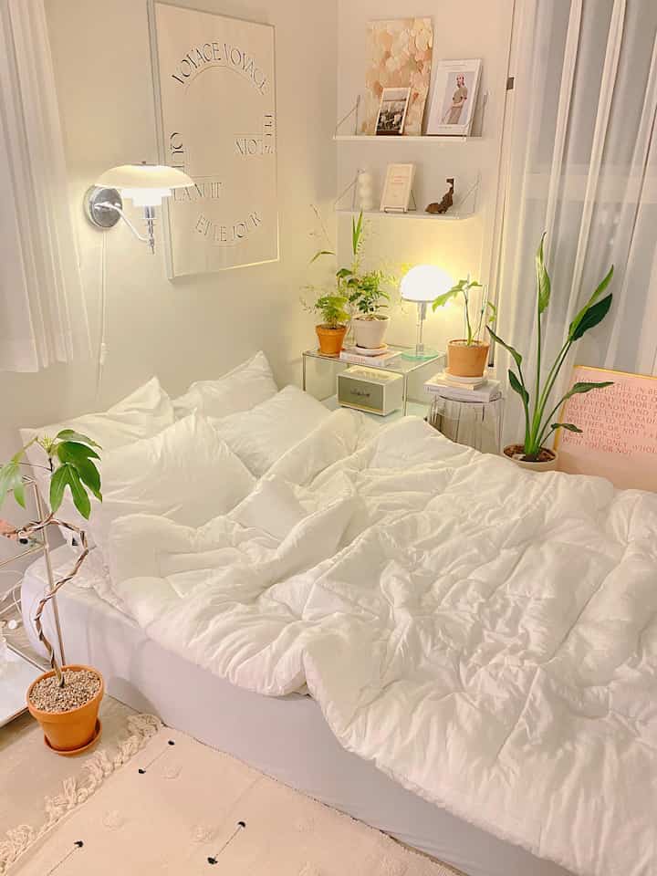 Cozy white-toned bedroom featuring a white bed, multiple plants, and soft lighting in a simple arrangement
