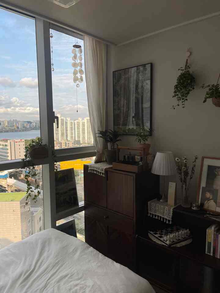 Bedroom with wood tone furniture, hanging plants, posters, and natural light creating a cozy atmosphere.