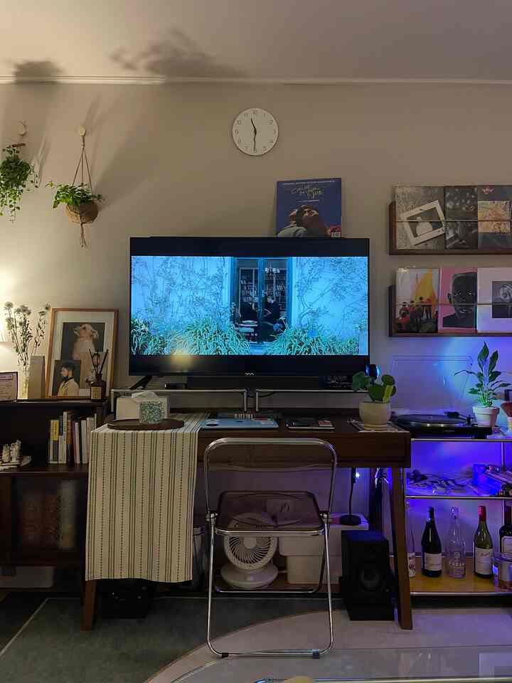 Natural tones and sky blue accents in a studio living room featuring a large TV, wooden shelves, LP turntable, and several plants in a cozy atmosphere