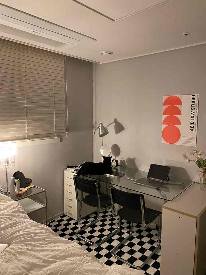 Monotone black and white room with checkered rug and a cat in a modern home office setup