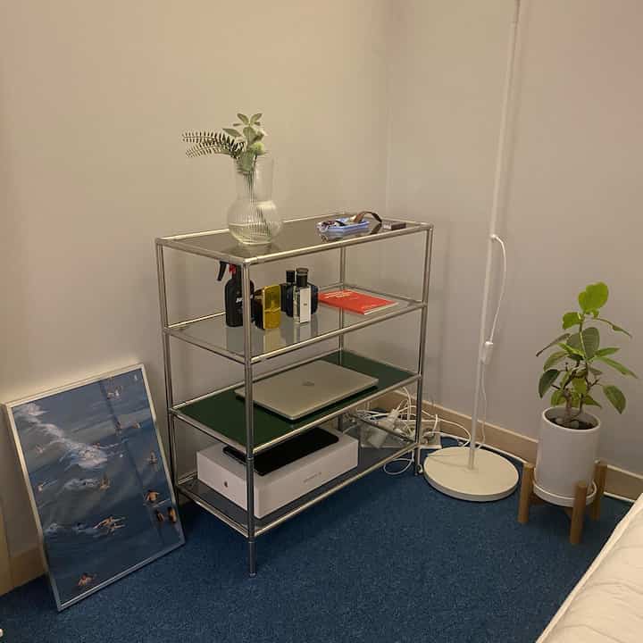 Modern and tidy corner room featuring a metallic shelf, plant stand with greenery, and a poster leaning on the floor