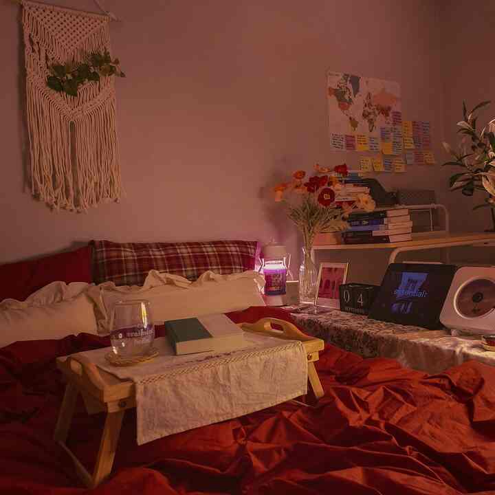 Warm red and natural toned bedroom featuring macrame wall art, a vase with flowers, and a foldable tray on the bed