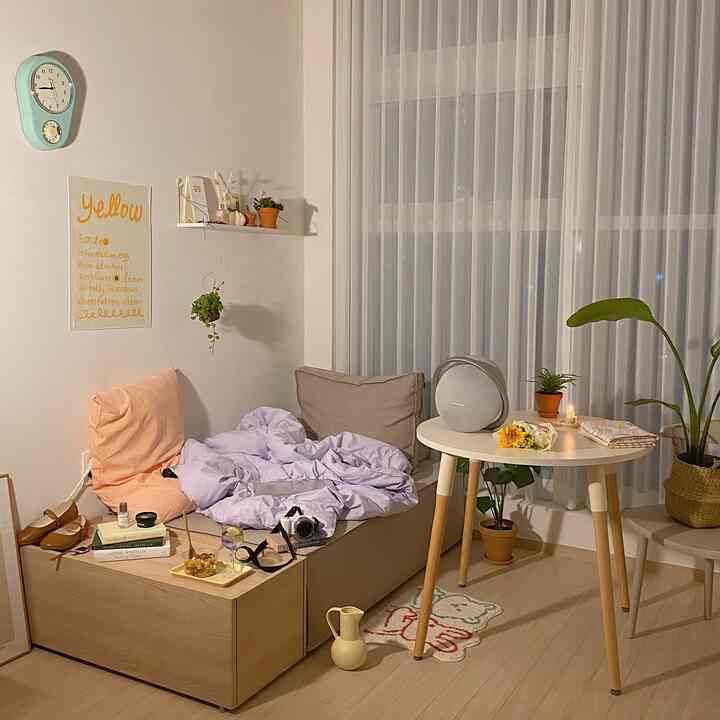 A cozy studio living room with pastel tones, beige sofa bed, and green plants arranged near sheer curtains