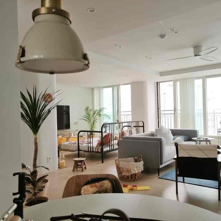 White and wood-tone living room featuring a gray sofa and plants creating a cozy natural modern atmosphere