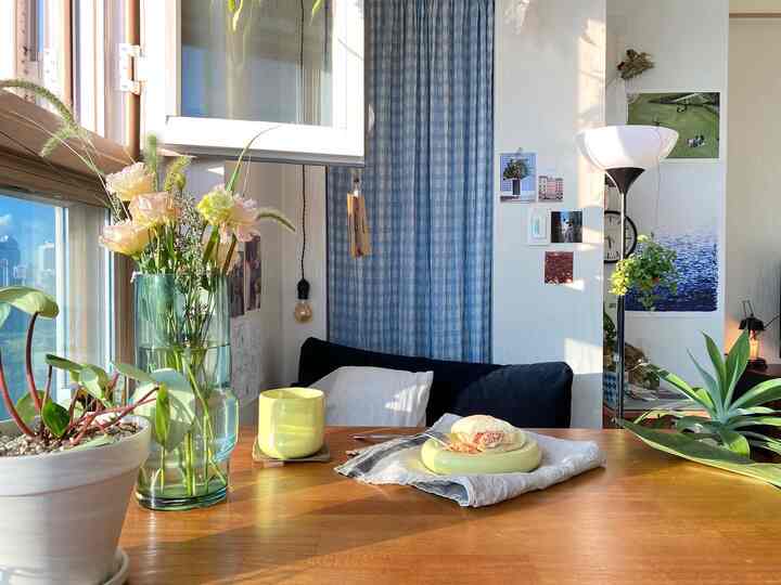 Nordic style studio apartment with blue check curtain, bright wooden dining table, plants, and lighting creating a cozy home cafe