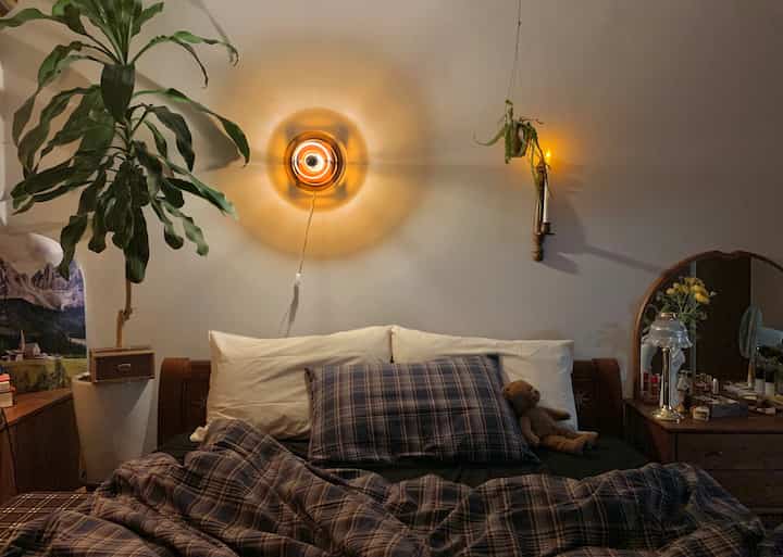 Cozy bedroom with warm wood tones and natural colors, featuring a wall sconce, plaid bedding, and leafy plants
