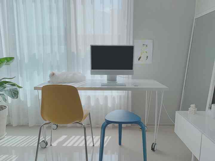White-tone home office featuring a yellow chair, blue stool, a desk with a cat resting on it and a computer in a simple setting