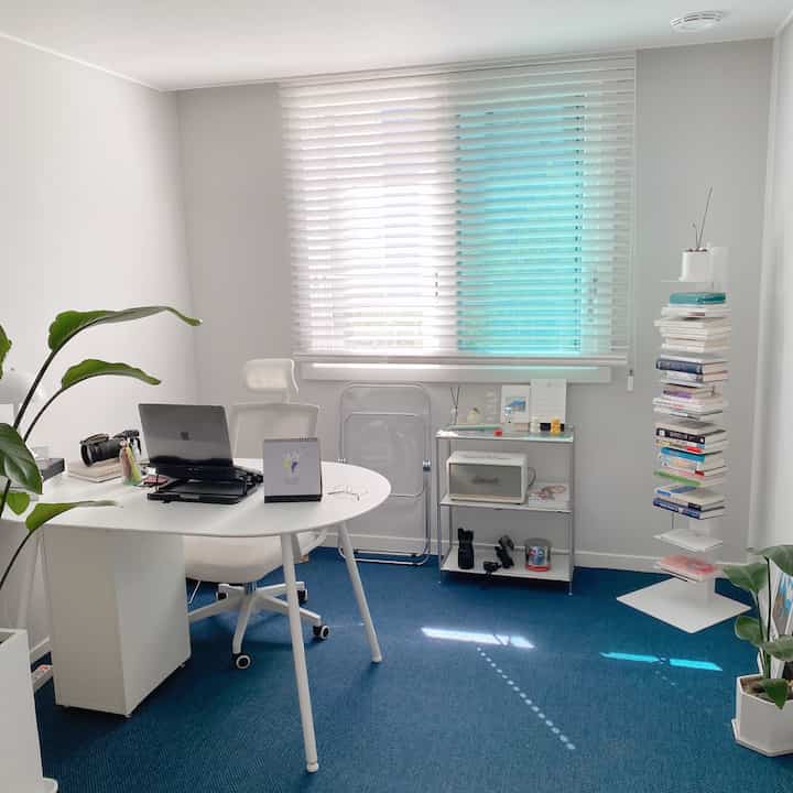 Bright white and blue toned study featuring desk, office chair, shelving unit, and plants, creating a clean home office atmosphere