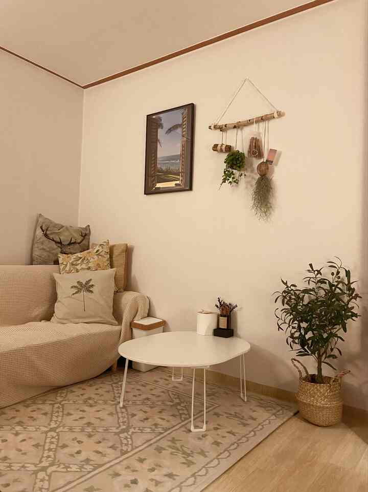 A natural and cozy studio apartment living room in beige and white tones featuring a beige sofa, white coffee table, rug, plants, and hanging greenery decor