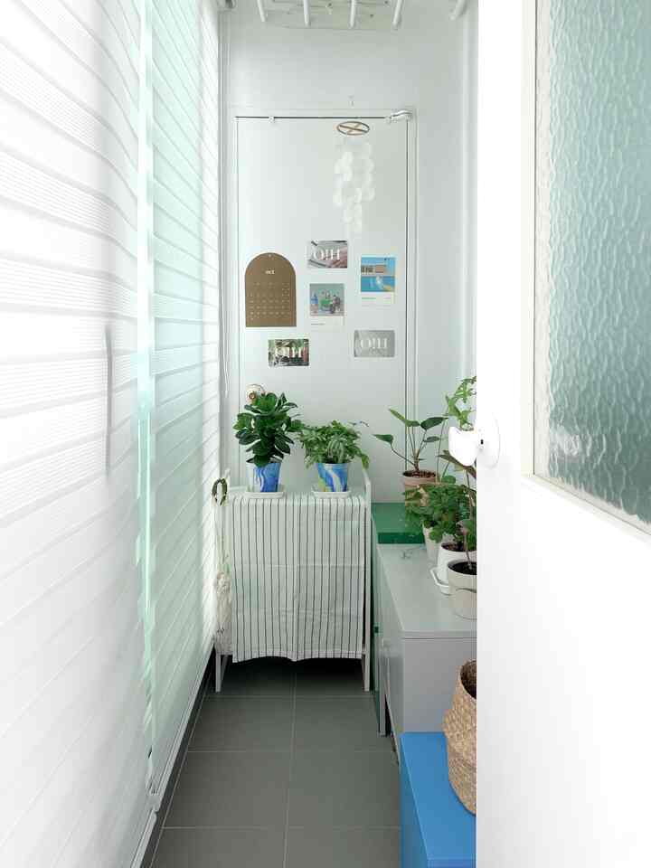 Bright white and gray-toned veranda featuring cabinets topped with various plants, creating a natural and tidy storage area