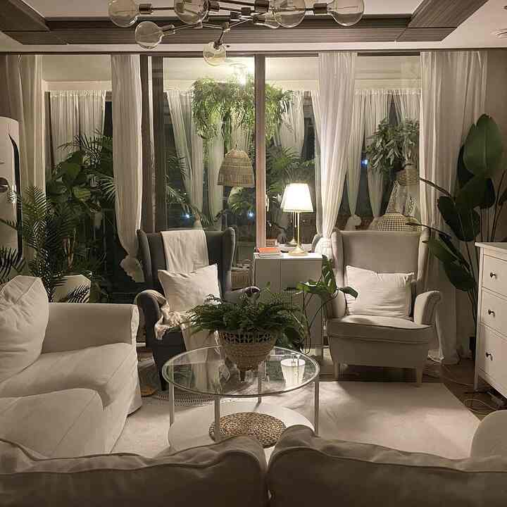 Natural-toned living room featuring white sofa, armchairs, curtains, and plants creating a cozy atmosphere
