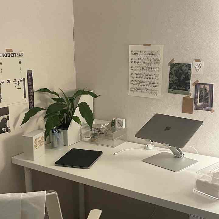 White-toned home office desk space featuring a laptop on a stand and a plant with a simple, calm atmosphere
