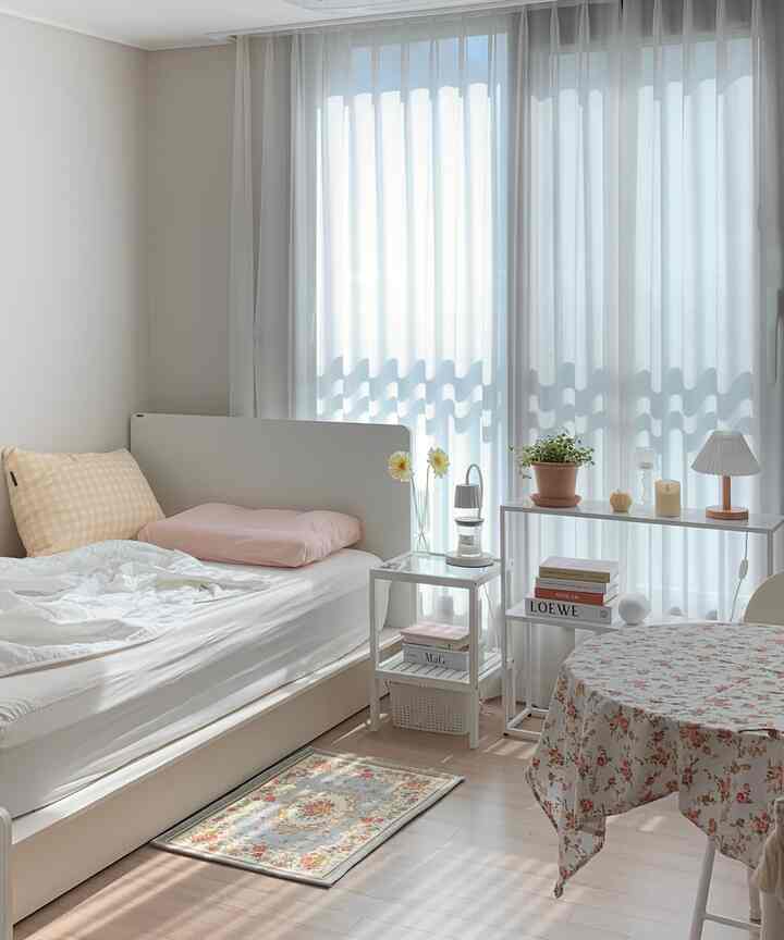 A cozy bedroom in white and beige tones featuring a white bed, nightstand, and floral tablecloth