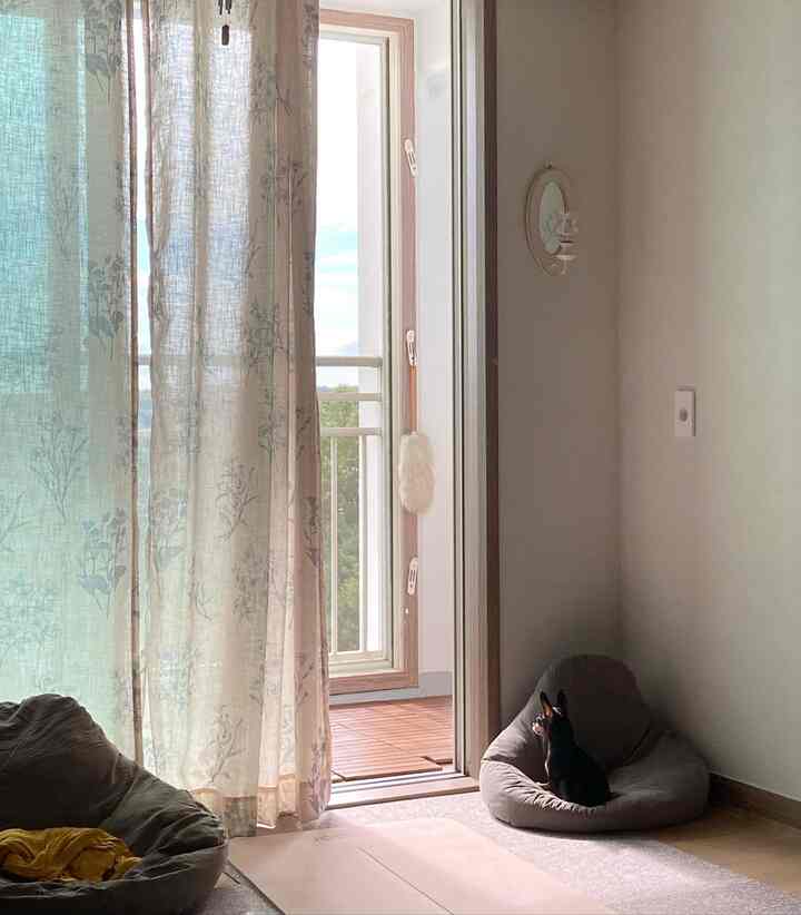 白を基調としたベランダに続く小さな部屋、2つのビーンバッグとペットの犬がある自然な雰囲気のインテリア