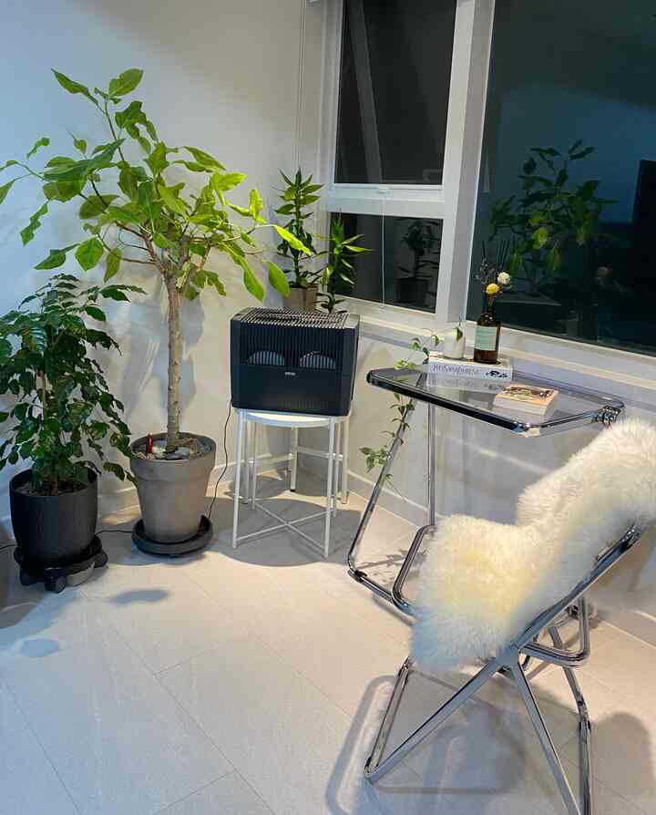 白とクローム調が調和するコンパクトな部屋、サイドテーブルと折りたたみ椅子、複数の植物が配置された自然でモダンなインテリア