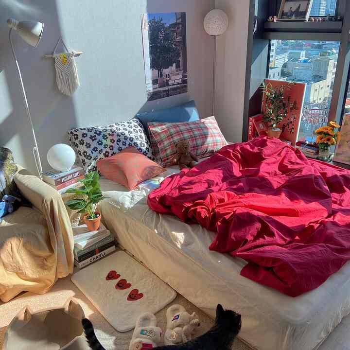 明るい自然光の入る寝室、赤い寝具と様々なパターンの枕が配置された温かみのある空間
