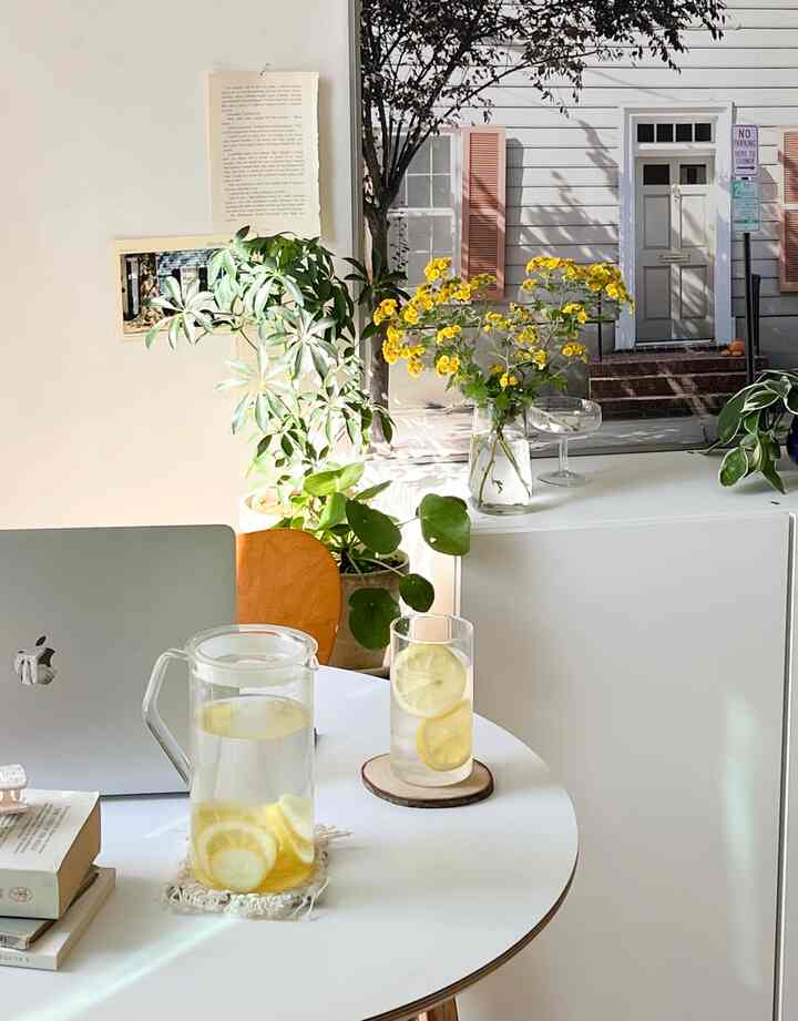 Bright natural-toned cozy home cafe space featuring white round table with lemon water and plants, creating a relaxing atmosphere