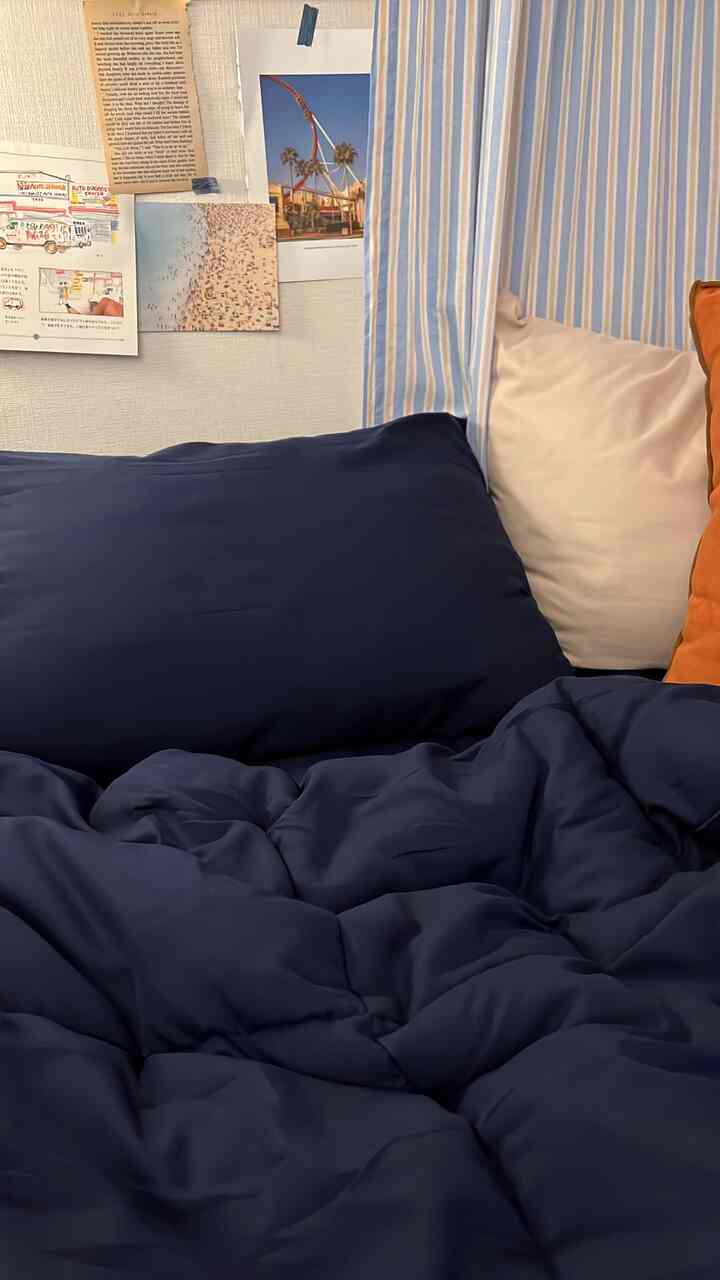 ネイビーとベージュ調の寝室、ふんわりとした質感の寝具とクッションが暖かい雰囲気を醸し出すインテリア