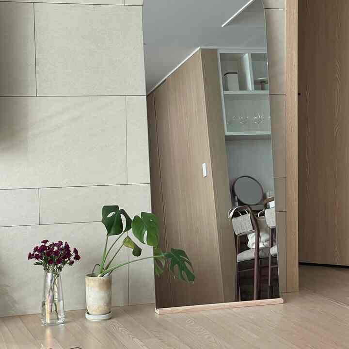 Beige-walled living room with wood tone floor featuring a full-length mirror and Monstera plant in a natural modern style