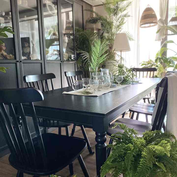 黒を基調としたダイニングルーム、6人用の黒いダイニングテーブルと椅子、ガラスキャビネット、そして豊かな緑の植物が配置された落ち着いた空間
