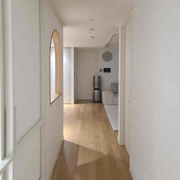 Hallway featuring wood tone flooring and white walls, with an arch-shaped wall niche and modern sofa creating a simple modern atmosphere