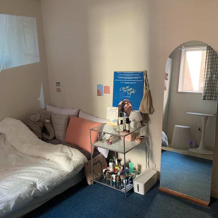 Modern studio bedroom with blue carpet and white bedding, featuring sleek mirror and storage shelves in a cozy atmosphere