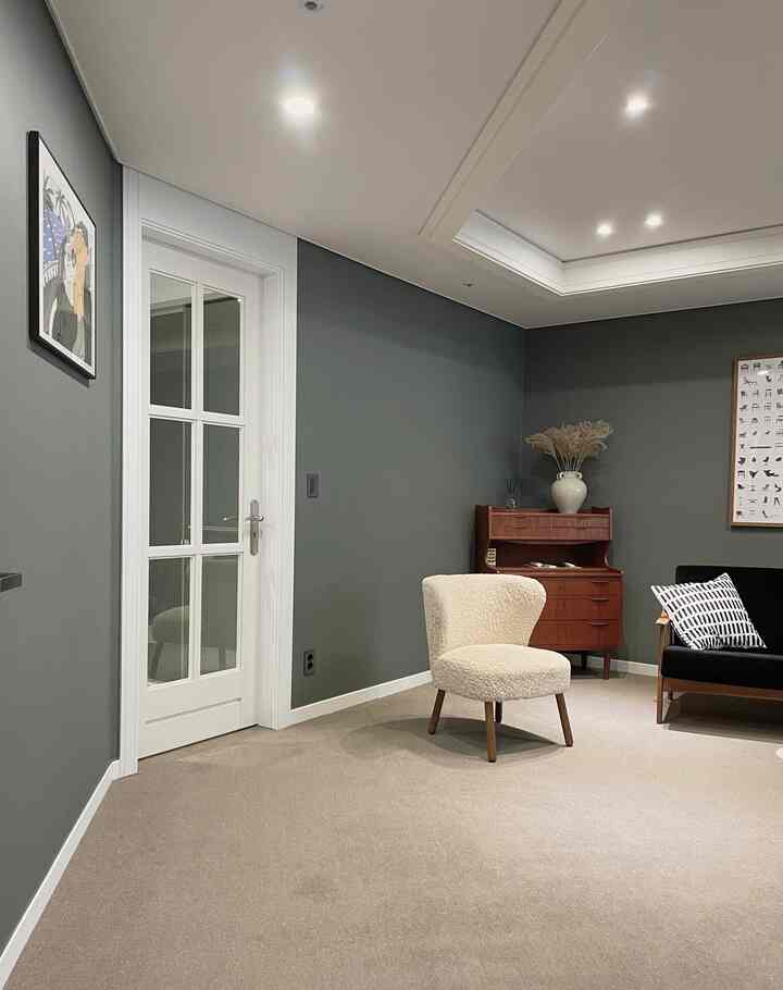 Gray-toned walls and white French door with cream armchair and black sofa arranged in a modern living room