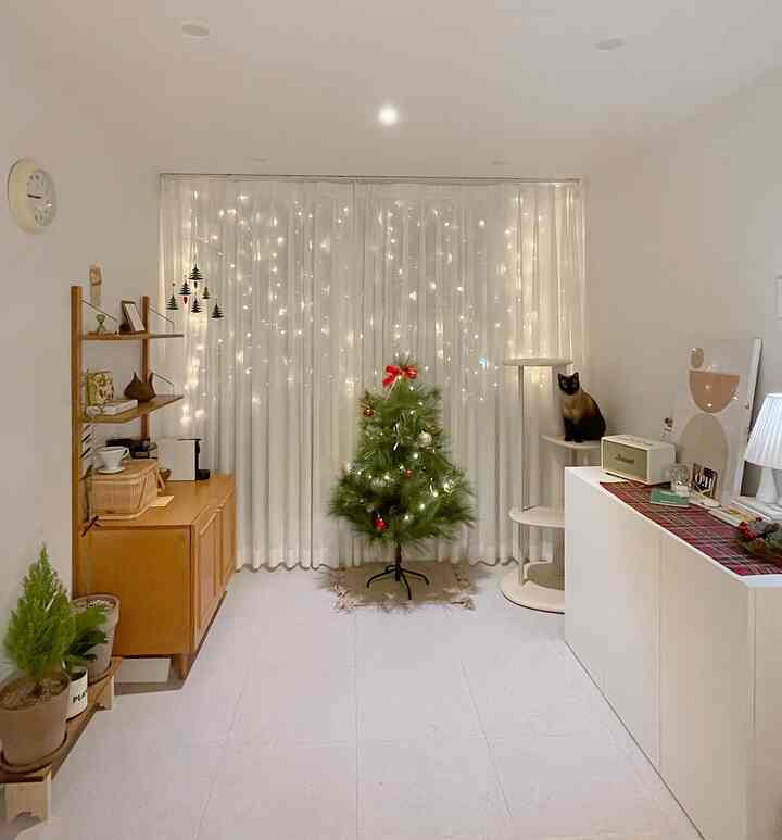 Cozy living room with white walls and wood tone furniture featuring a decorated Christmas tree and a cat on a cat tower