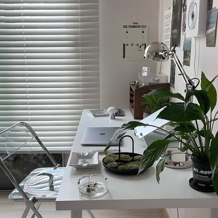 White-toned home office space featuring a white desk, transparent chair, and green plants creating a minimal work setup