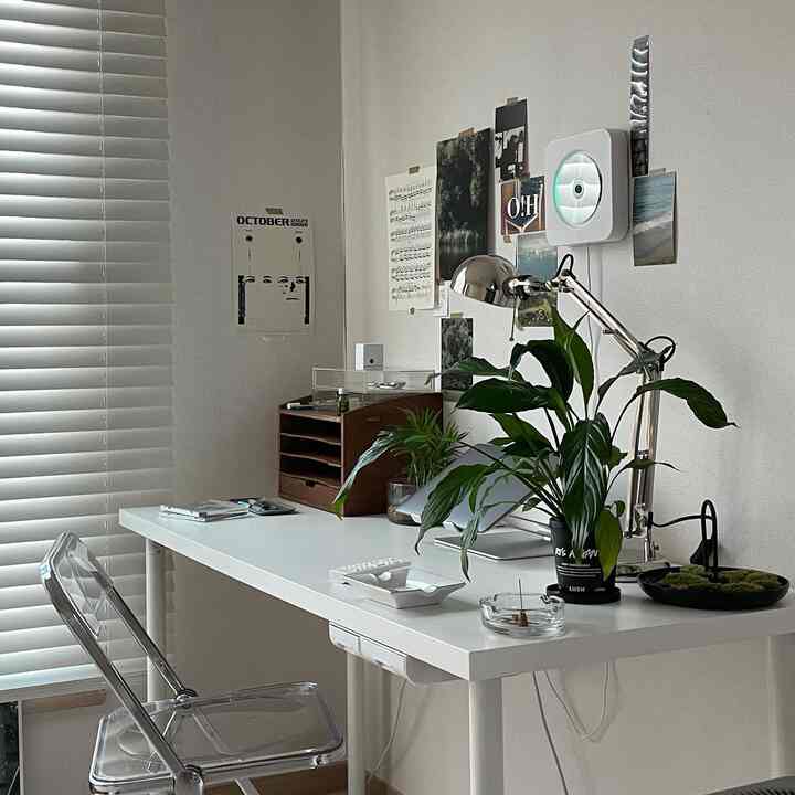 White-toned compact home office featuring a white desk, transparent chair, and green plant with a simple, clean aesthetic