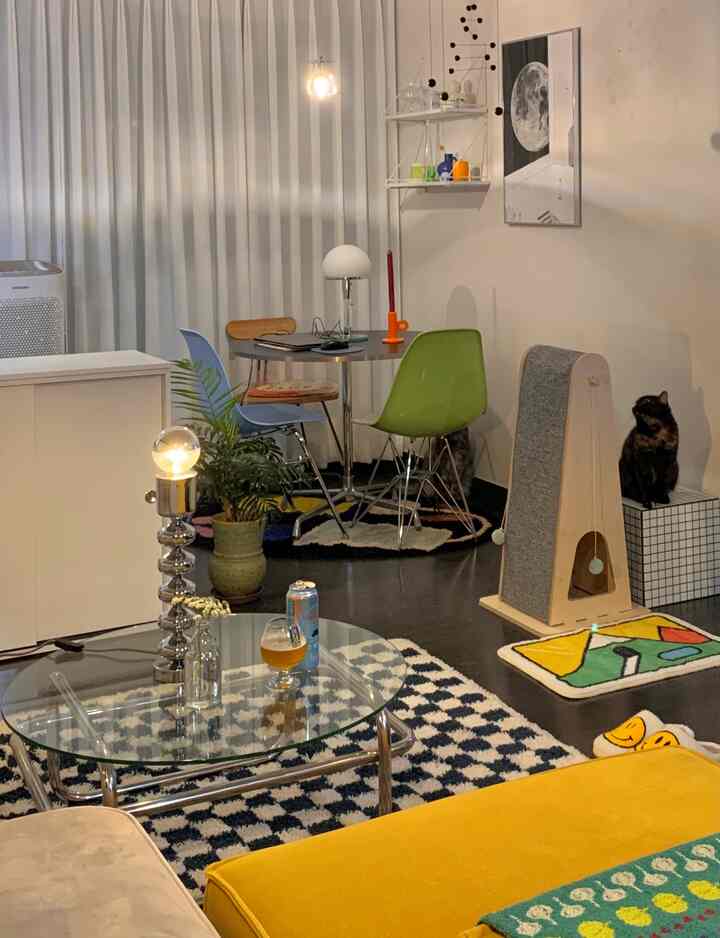 Modern living room with yellow sofa and checkered rug, natural elements including a cat and scratching post