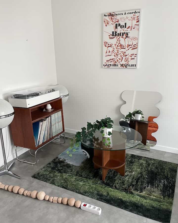 Wood tone and transparent glass blend in a studio apartment living room featuring a poster, rug, and plants creating a modern natural atmosphere