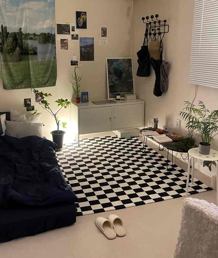 Natural-toned living space in white and black featuring a checkered rug and floor mattress creating a simple atmosphere