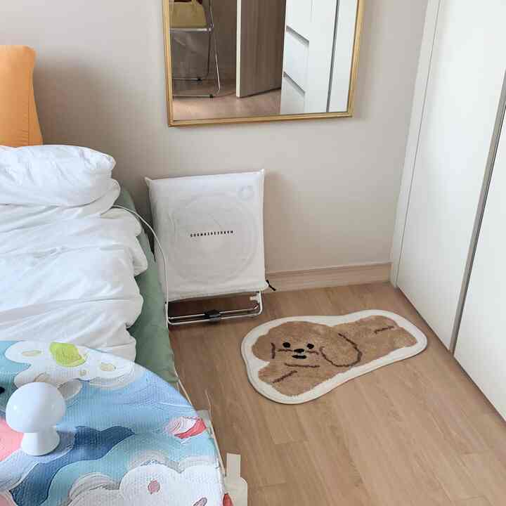 Natural and vintage small bedroom with wood-tone flooring and beige walls, featuring a white bed on the left and a dog-shaped mini rug on the floor