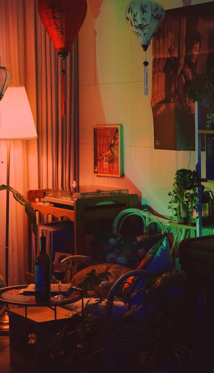 Vintage style living room with warm orange and wood tones featuring a turntable, armchair, and large plants creating a cozy atmosphere