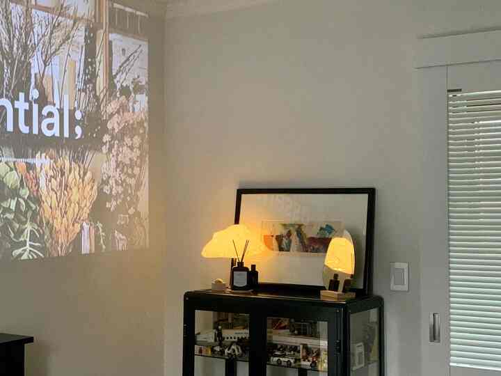 Dark-toned bedroom featuring mood lamps and a cabinet creating a cozy atmosphere