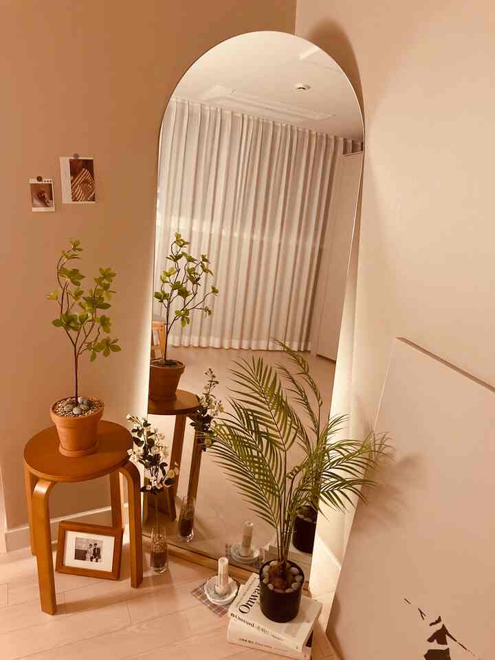 温かみのある木目調とナチュラルな植物が配置されたウォークインクローゼットの鏡前の空間